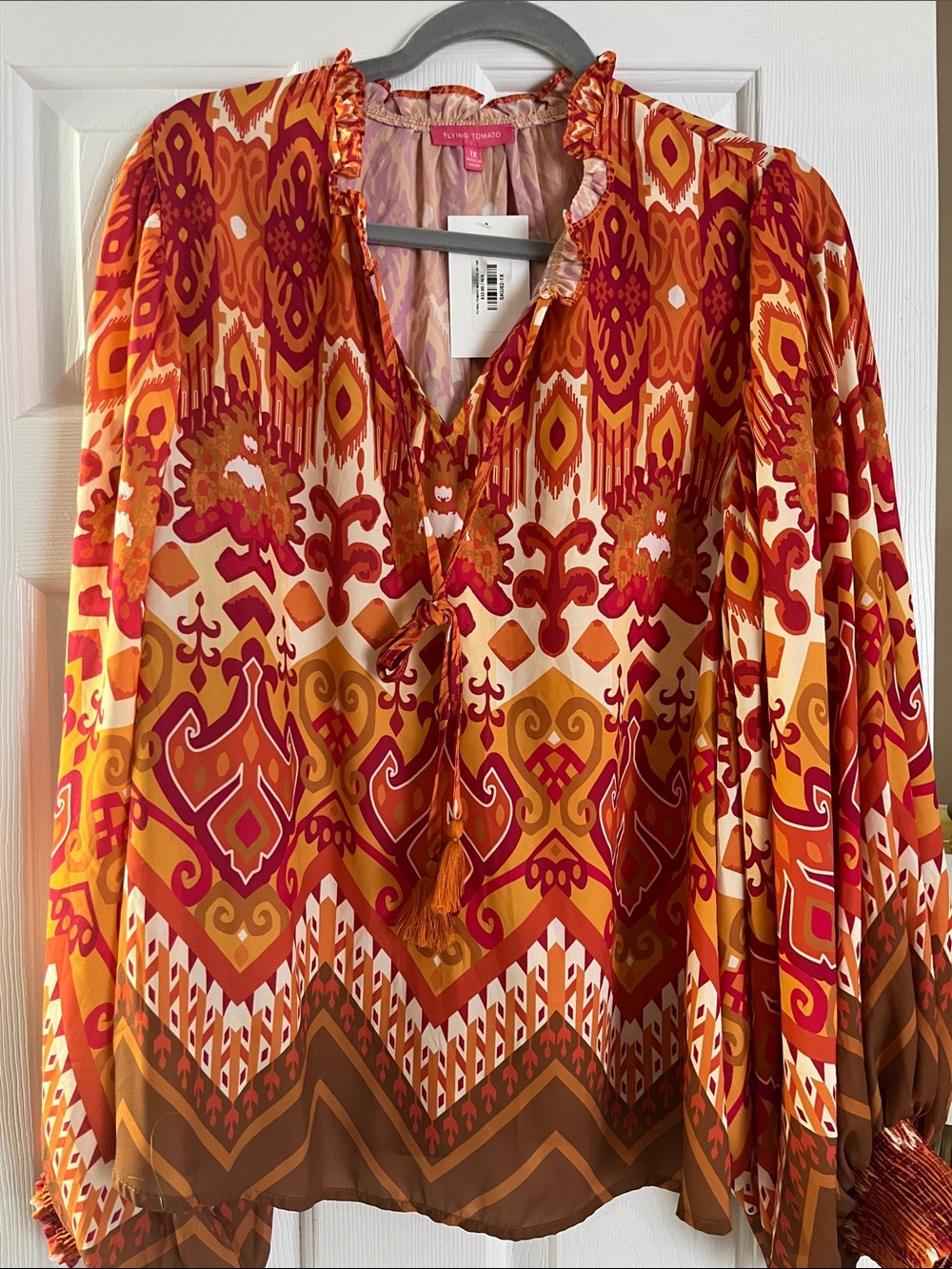 Flying Tomato NWT Orange, Hot Pink, white and Brown Printed Boho Blouse
